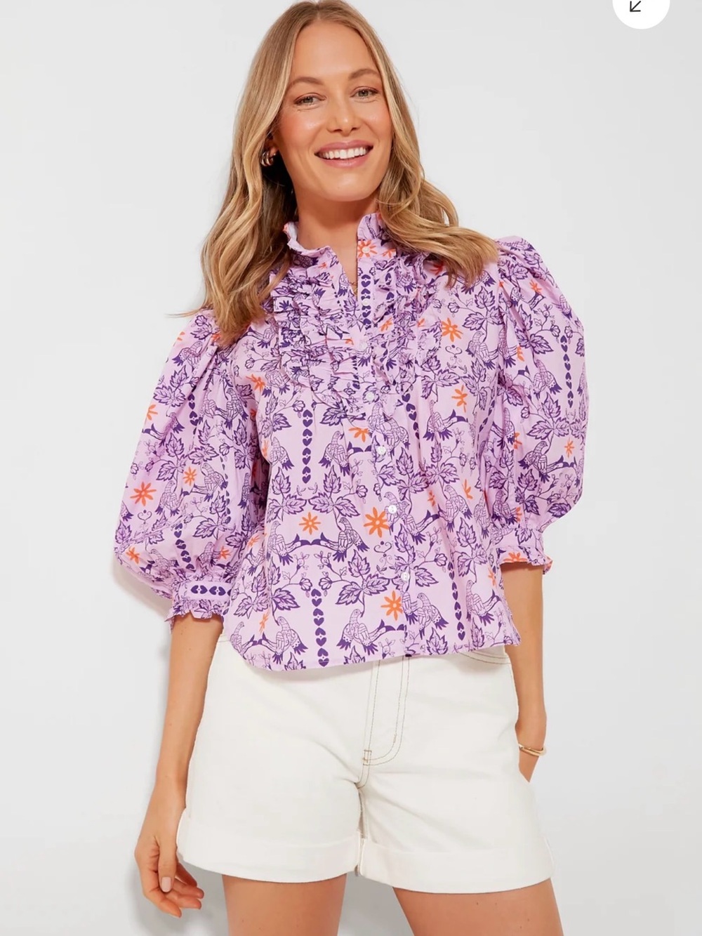 Oliphant Lavender Floral Ruffle Puff-Sleeve Blouse